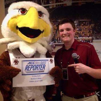 TJ Reporting with BC Eagles Mascot Baldwin